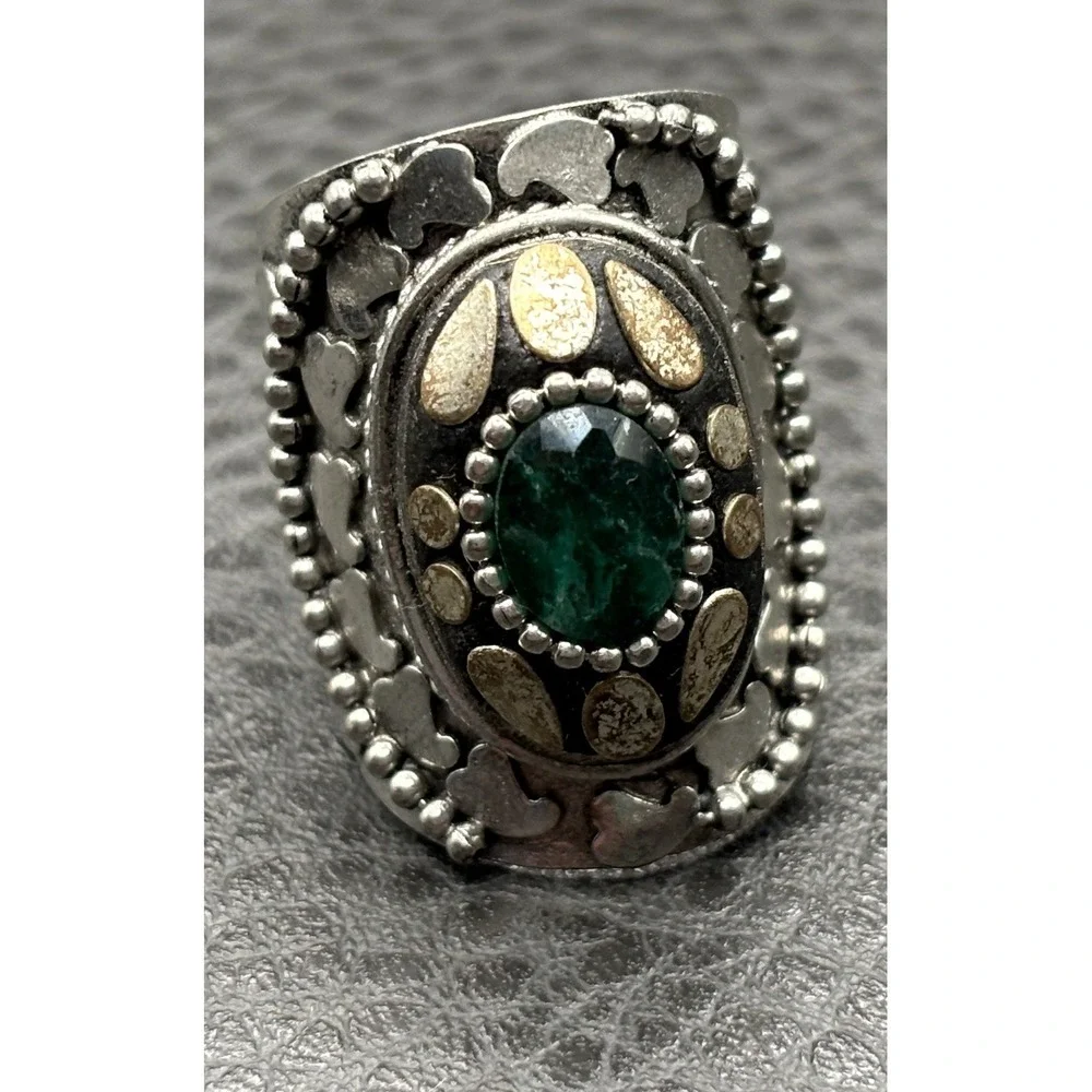 Vintage Huge Tribal Green Stone Oval Statement Ring Size 7 Silver Tone